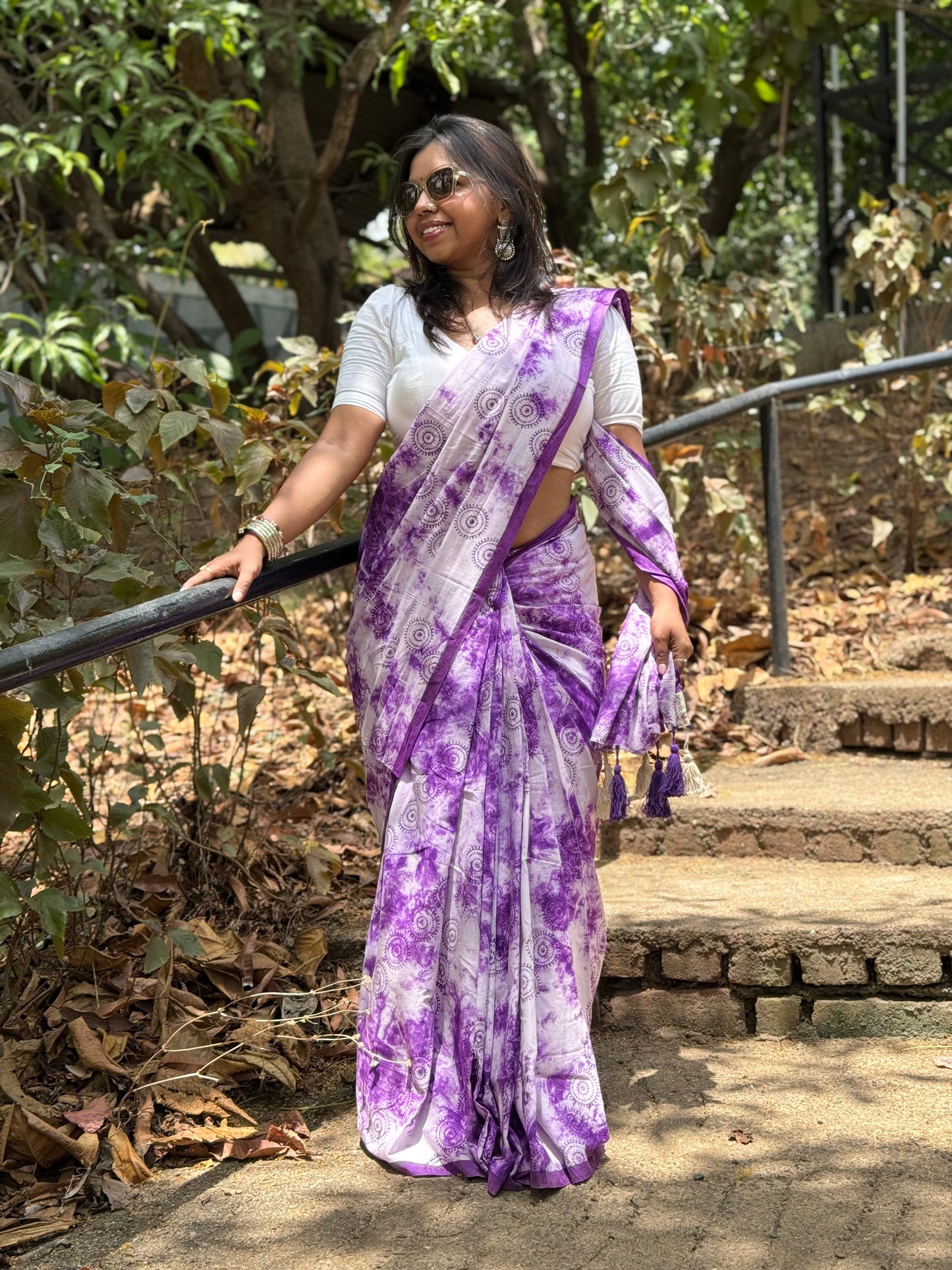 The Lavender Bloom Saree – Purple White Cotton Block Print