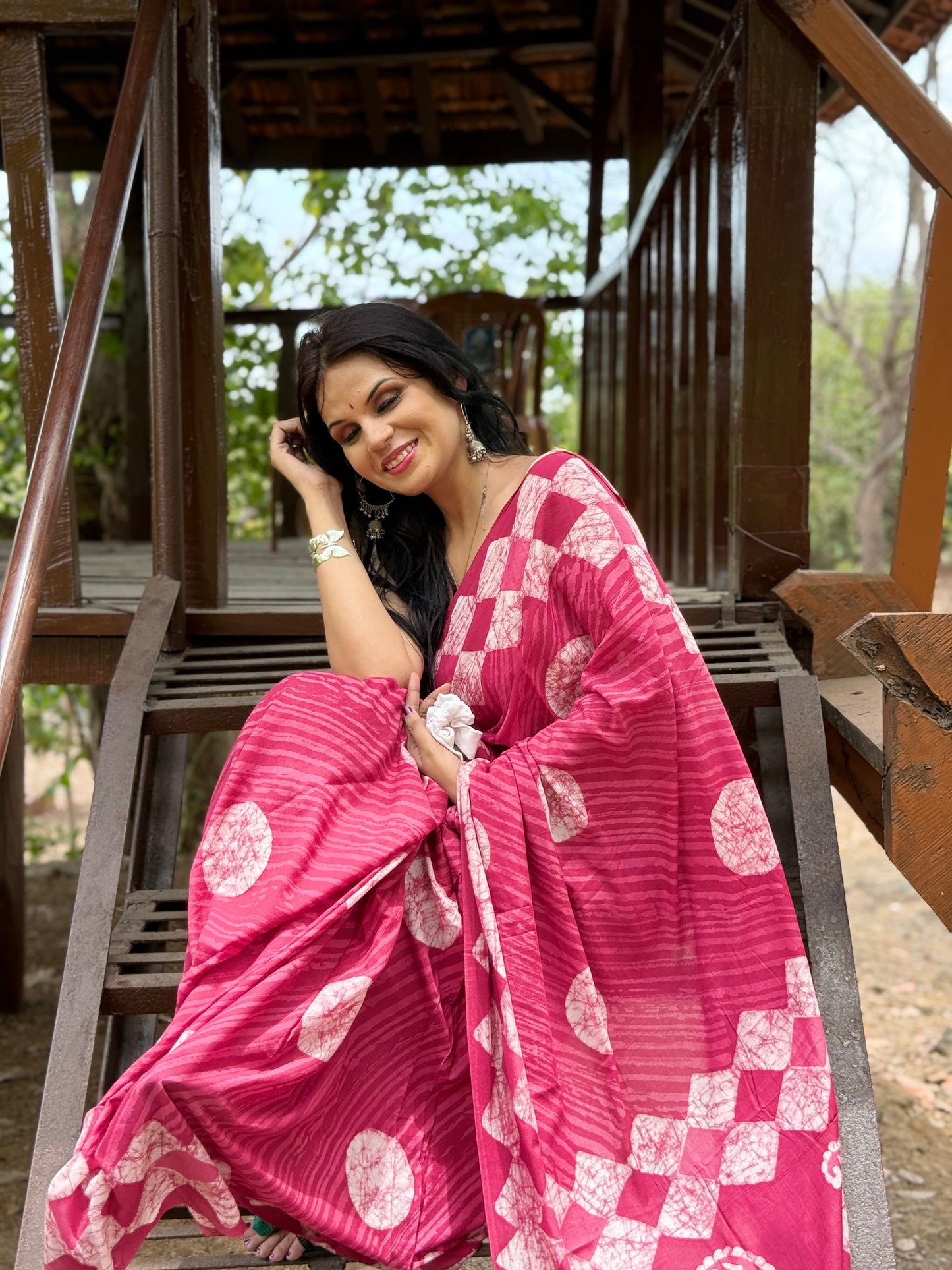 Anadeekala Pink Handblock Print Saree with Geometric Print