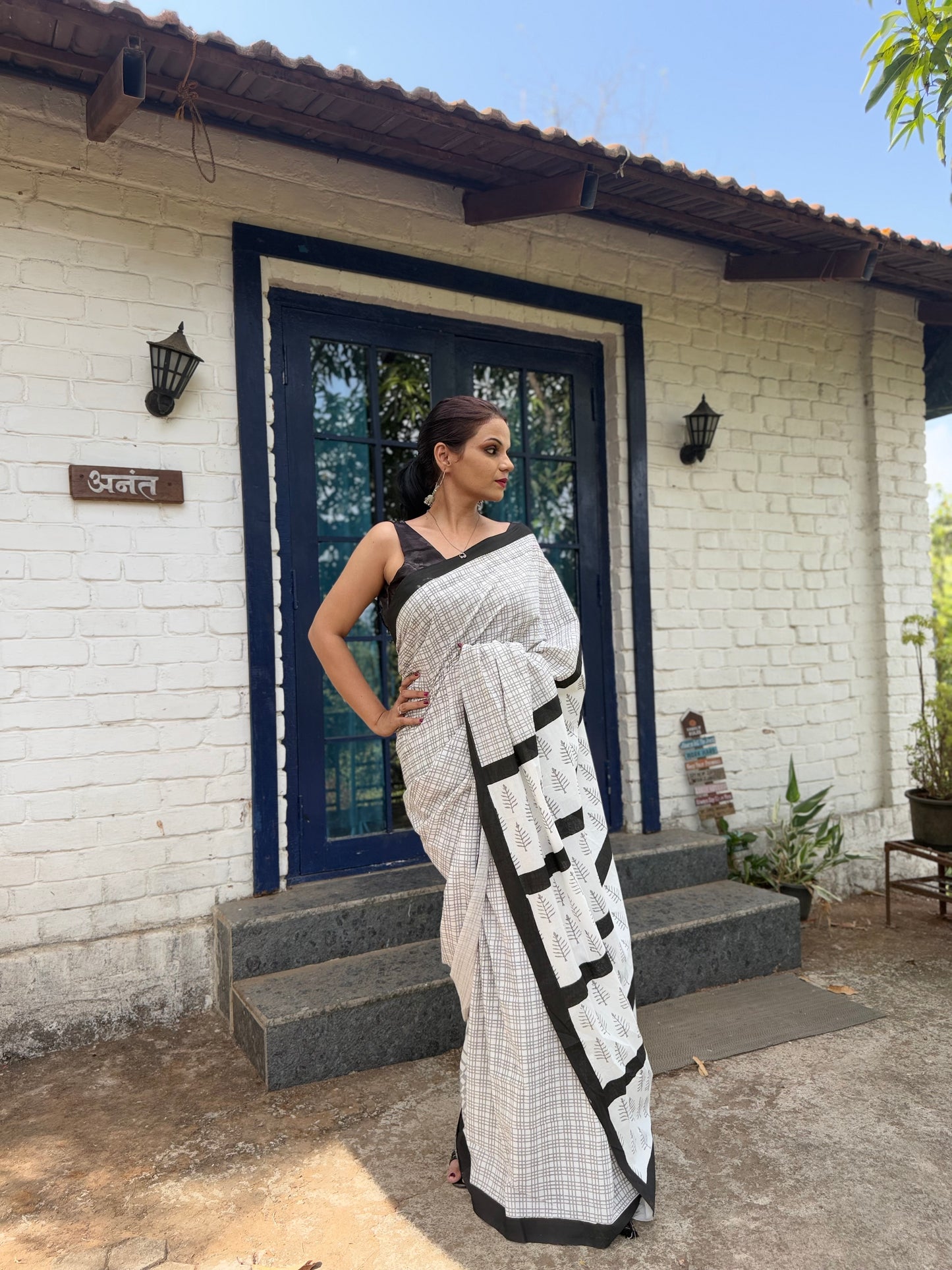 The Shatranj Saree – Off-White Checkered Cotton Block Print