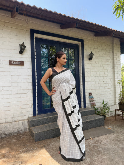 The Shatranj Saree – Off-White Checkered Cotton Block Print