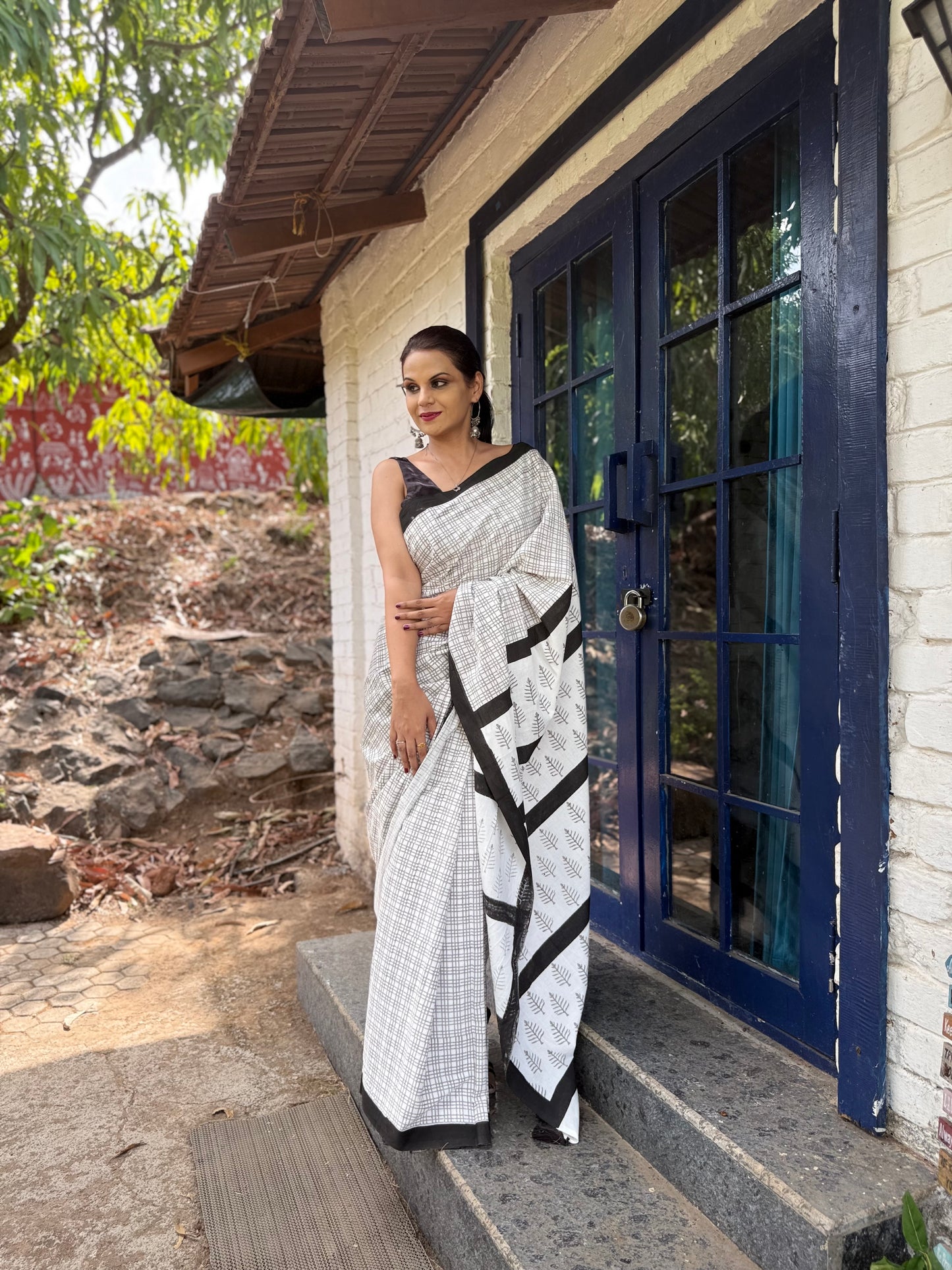 The Shatranj Saree – Off-White Checkered Cotton Block Print