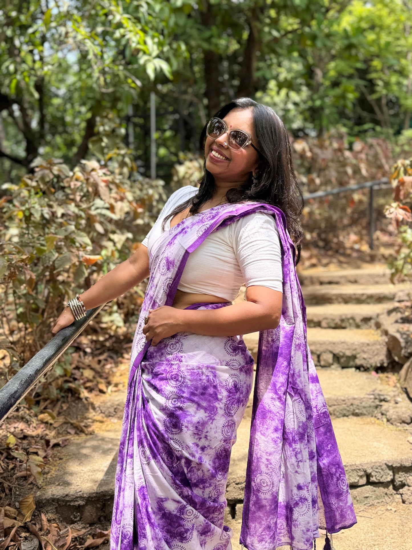 The Lavender Bloom Saree – Purple White Cotton Block Print