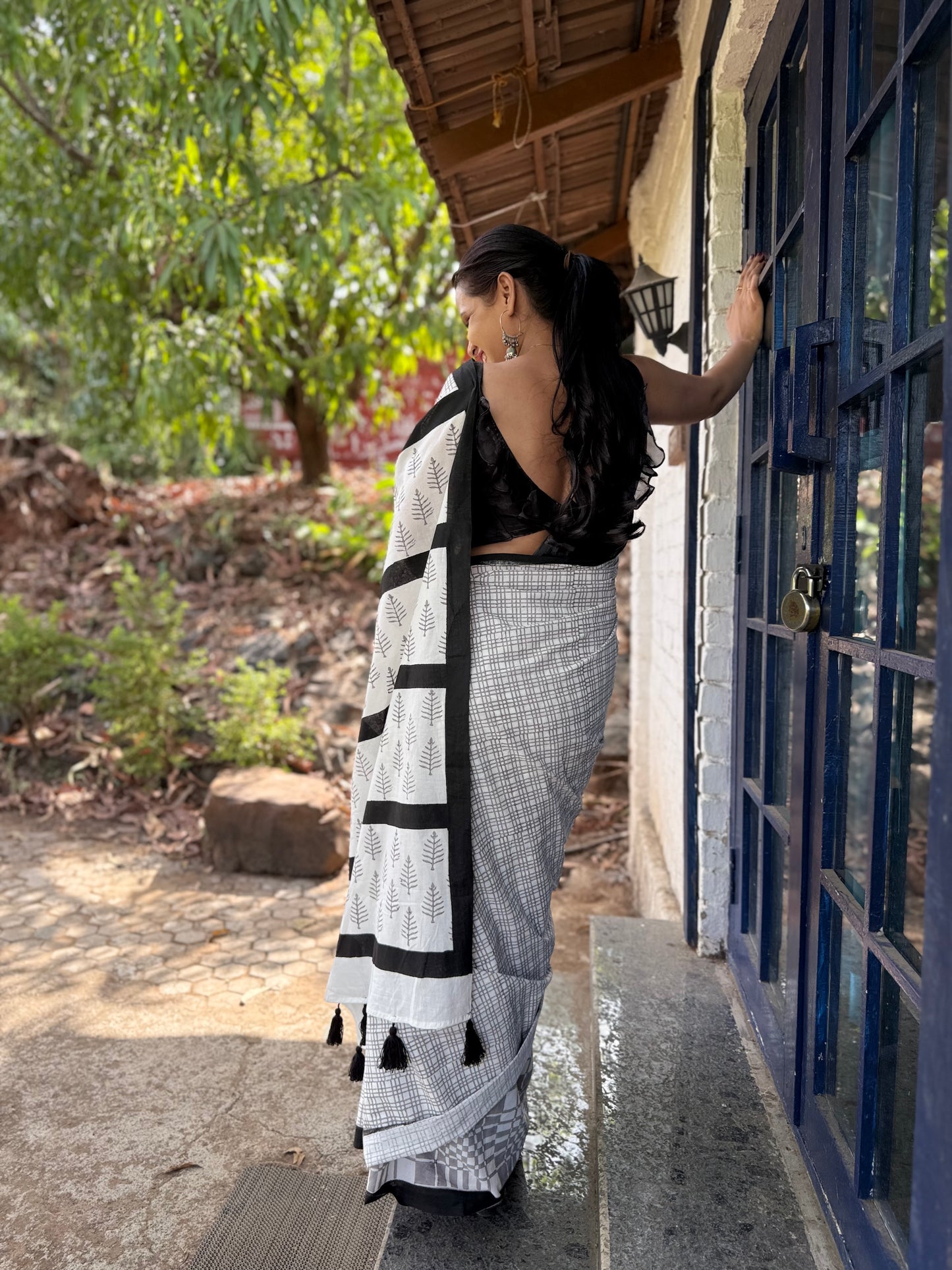 The Shatranj Saree – Off-White Checkered Cotton Block Print