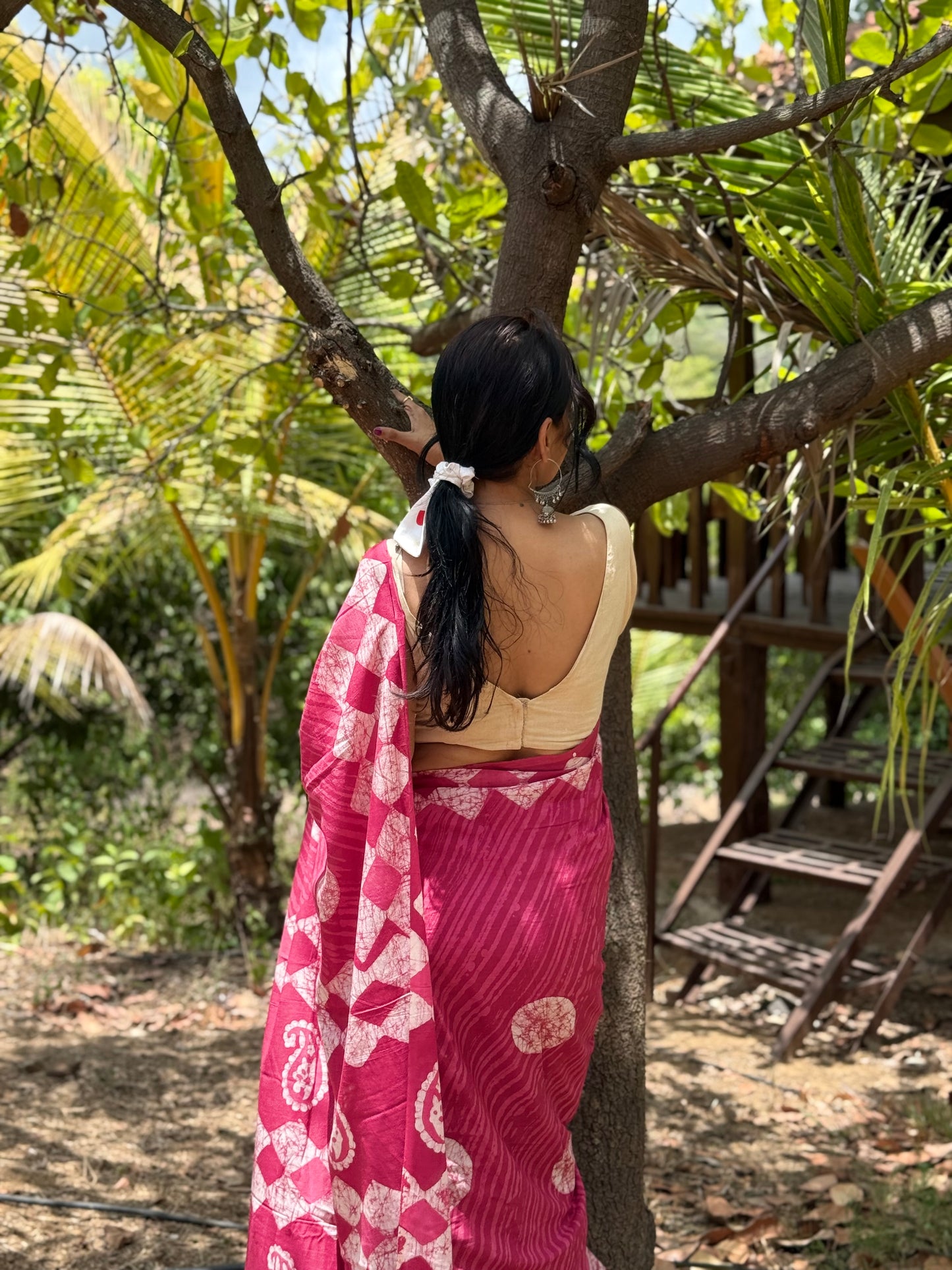 Anadeekala Pink Handblock Print Saree with Geometric Print