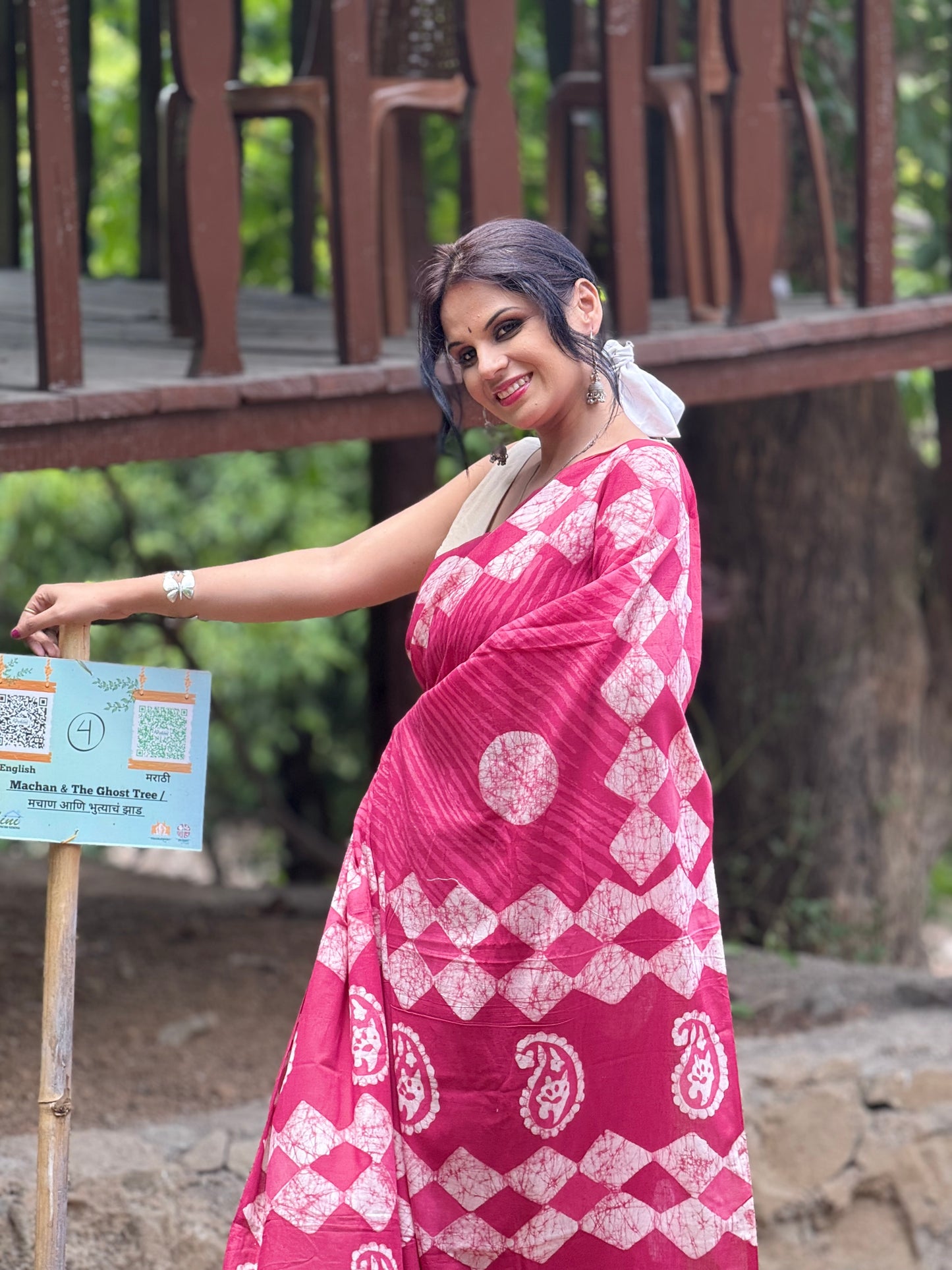 Anadeekala Pink Handblock Print Saree with Geometric Print