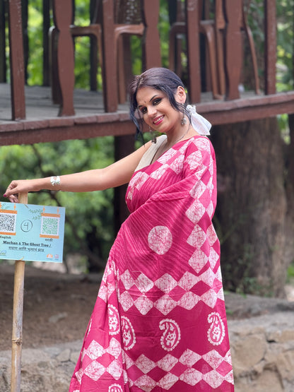 Anadeekala Pink Handblock Print Saree with Geometric Print