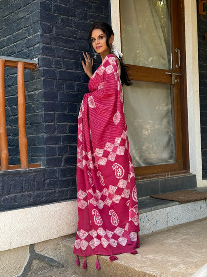 Anadeekala Pink Handblock Print Saree with Geometric Print