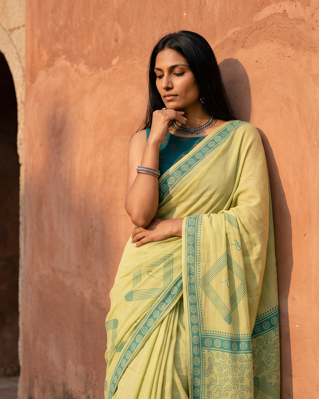 Olive Green Handblock Print Saree with Geometric Motifs