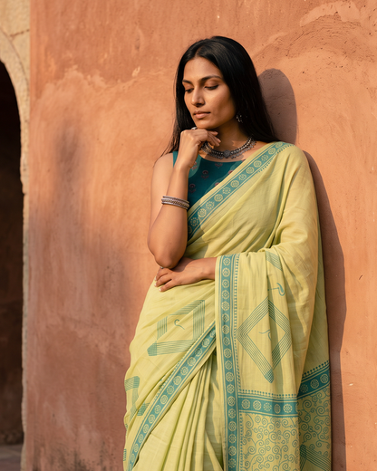 Olive Green Handblock Print Saree with Geometric Motifs