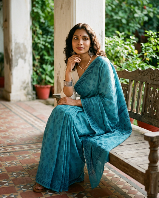 Neelanjali – Anadeekala Sea Blue Pure Cotton Handblock Saree
