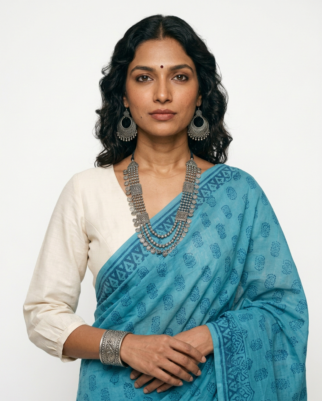 Neelanjali – Anadeekala Sea Blue Pure Cotton Handblock Saree
