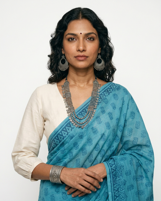 Neelanjali – Anadeekala Sea Blue Pure Cotton Handblock Saree
