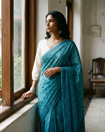 Neelanjali – Anadeekala Sea Blue Pure Cotton Handblock Saree