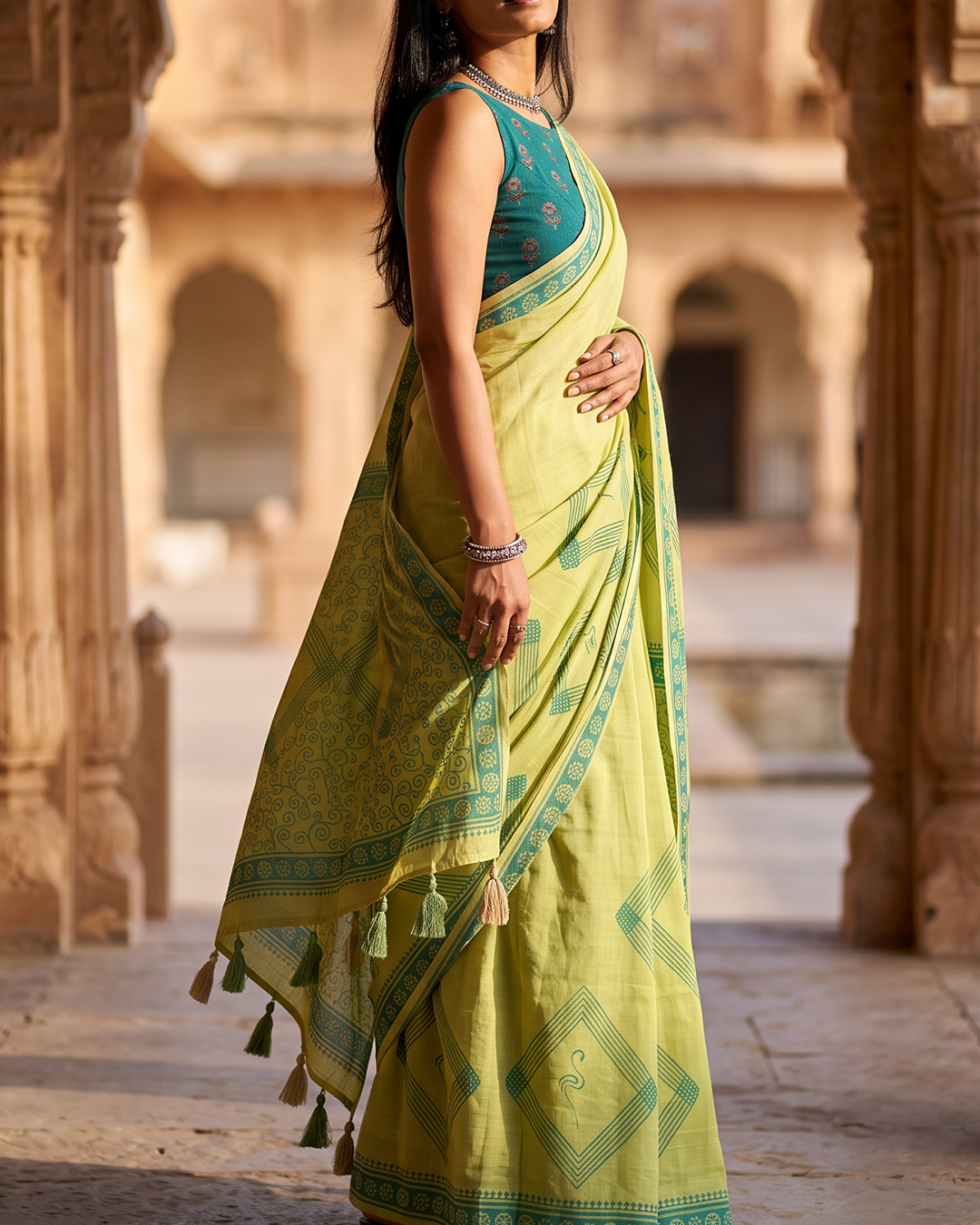 Olive Green Handblock Print Saree with Geometric Motifs