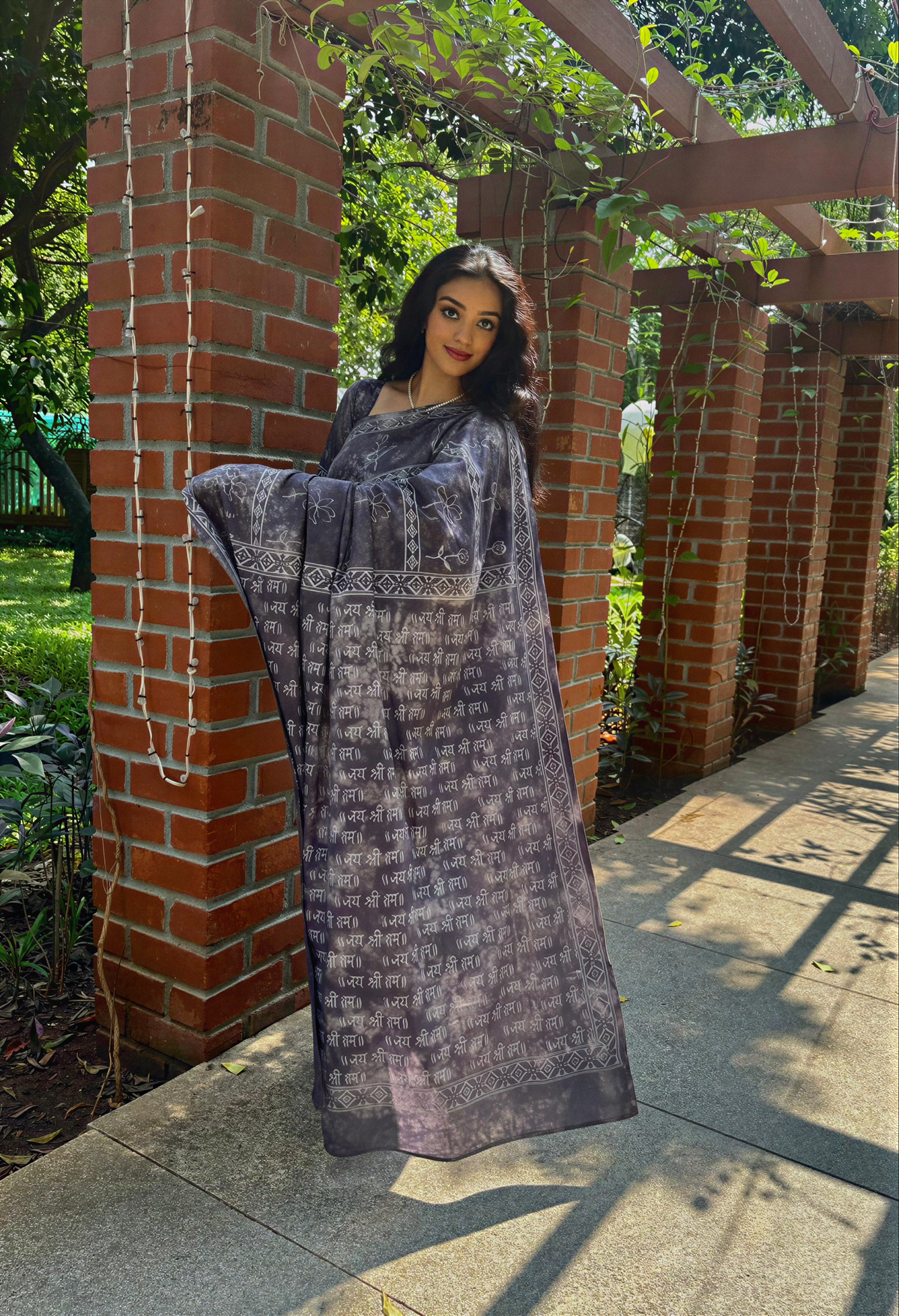 Jay Shree Ram Grey Tie & Dye Saree: Hand Block Printed Pure Cotton Saree by Anadeekala