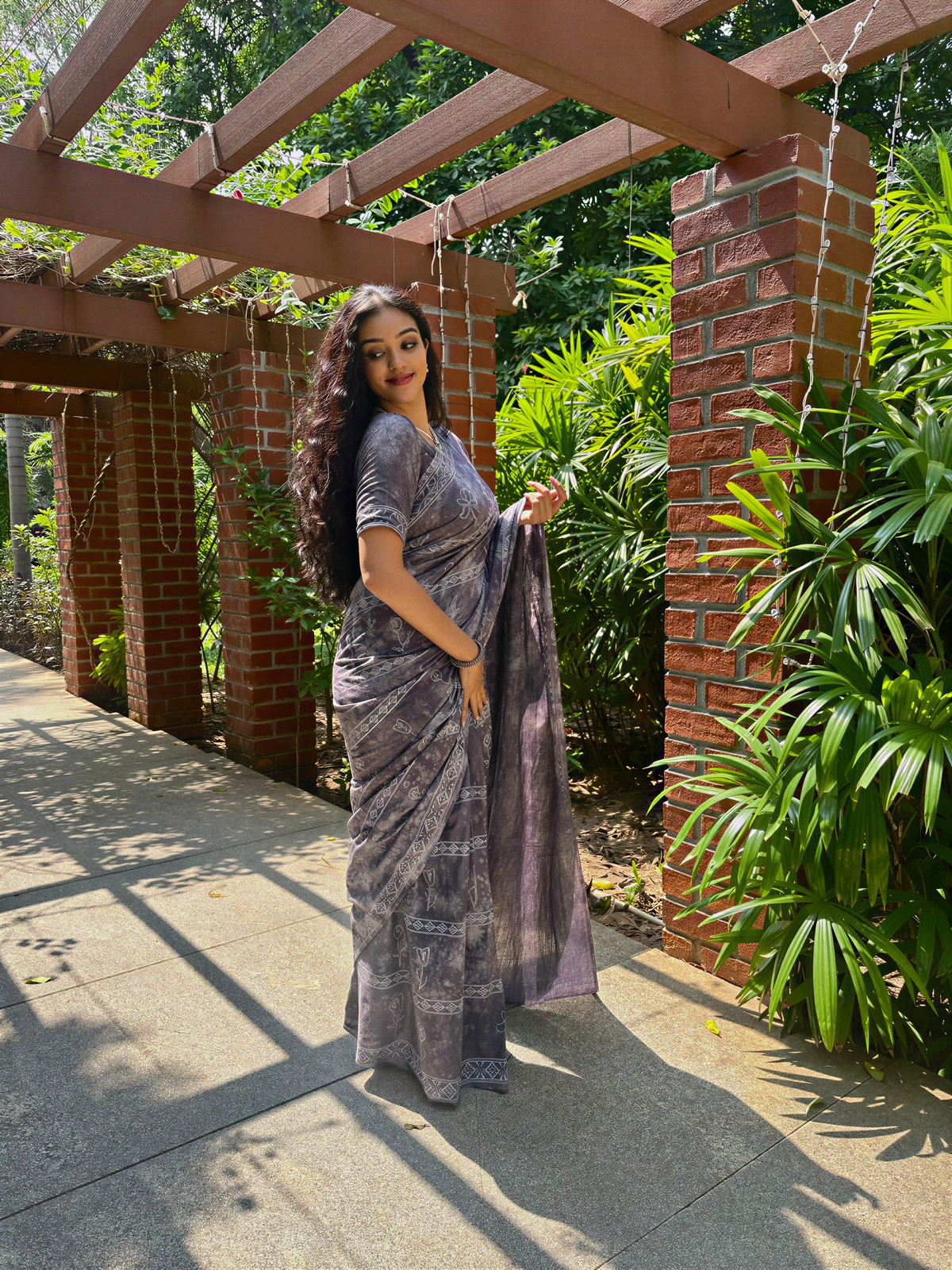 Jay Shree Ram Grey Tie & Dye Saree: Hand Block Printed Pure Cotton Saree by Anadeekala