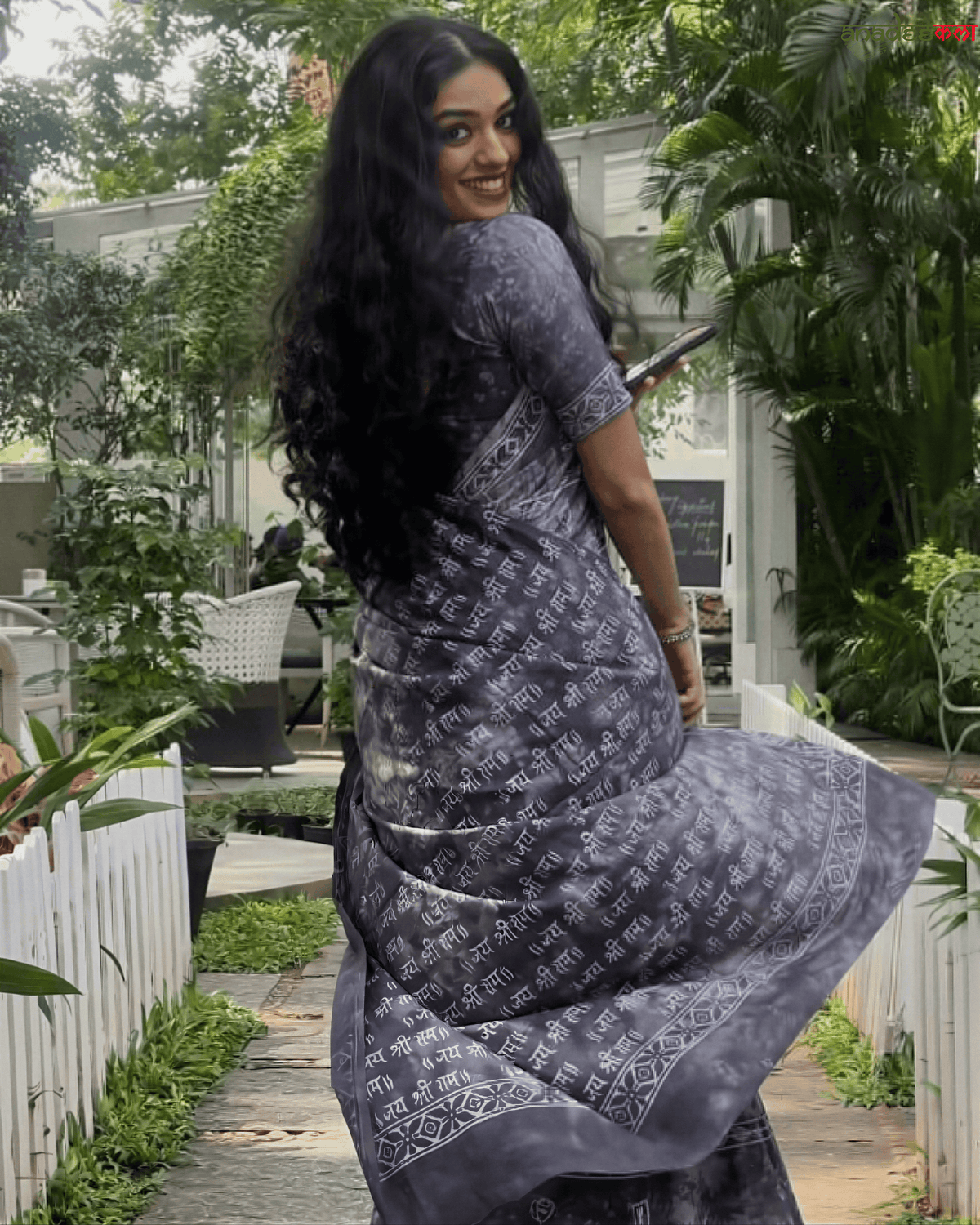 Jay Shree Ram Grey Tie & Dye Saree: Hand Block Printed Pure Cotton Saree by Anadeekala