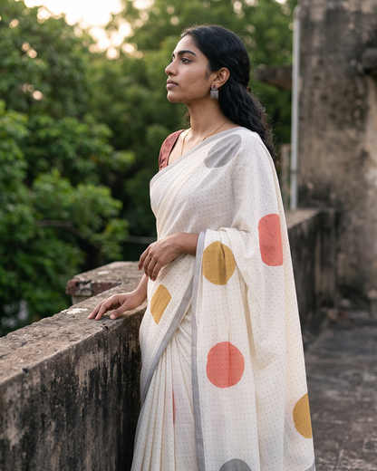 Whispering Dots – Anadeekala Off-White Pure Cotton Handblock Saree