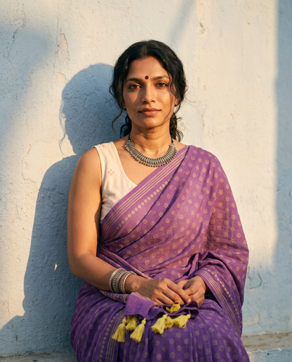 The Mulberry Bloom Saree – Purple Cotton Handblock Print