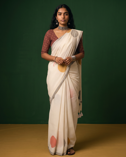 Whispering Dots – Anadeekala Off-White Pure Cotton Handblock Saree