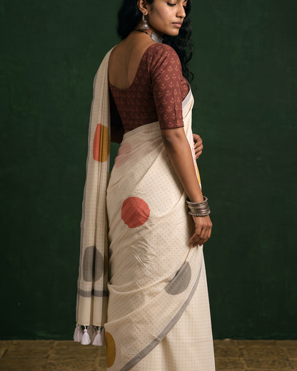 Whispering Dots – Anadeekala Off-White Pure Cotton Handblock Saree