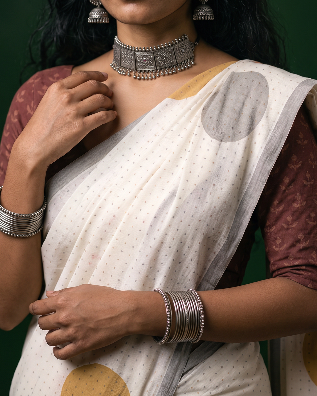 Whispering Dots – Anadeekala Off-White Pure Cotton Handblock Saree